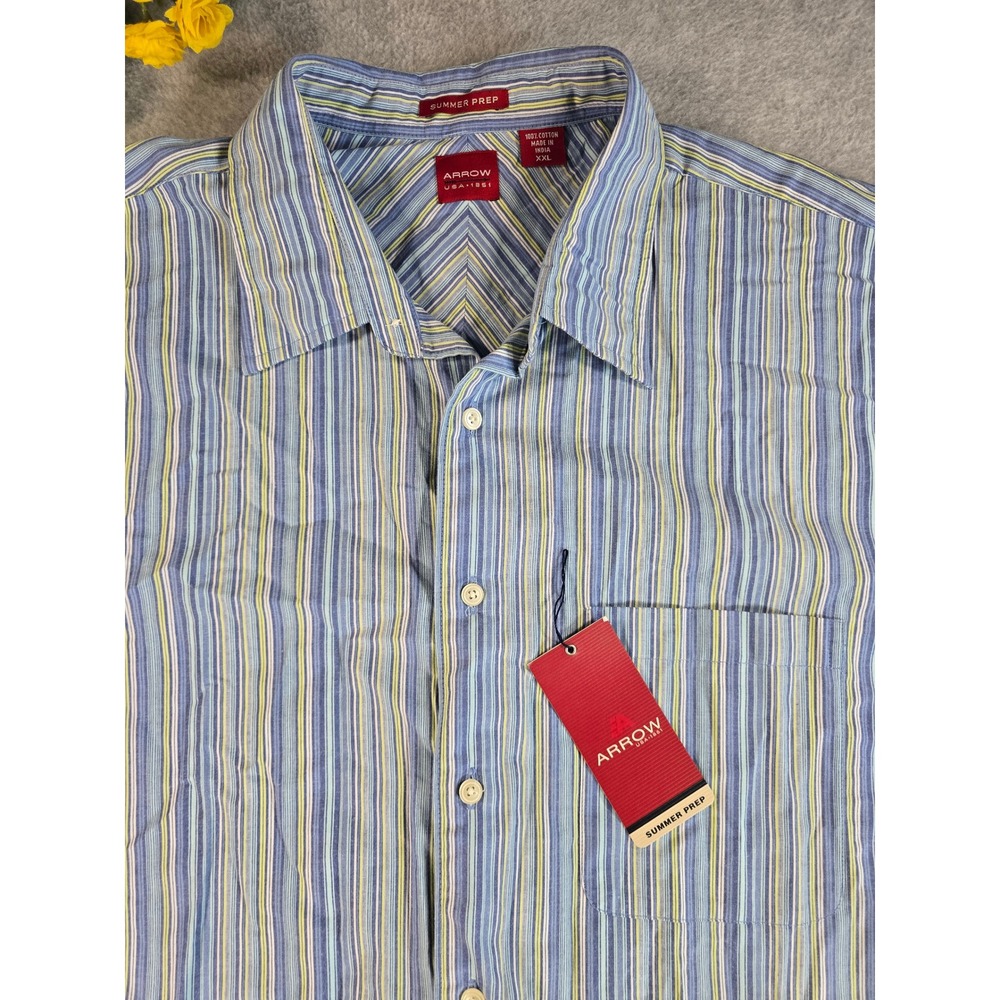 Arrow Summer Prep Mens XXL Blue Striped Short Sleeve Button Down Shirt NWT